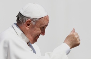 Pope gives thumbs up as he leaves general audience in St. Peter's Square at Vatican
